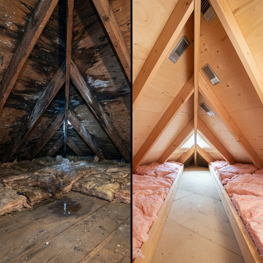 Before and after mold removal & remediation in Glen Rock commercial property attic space