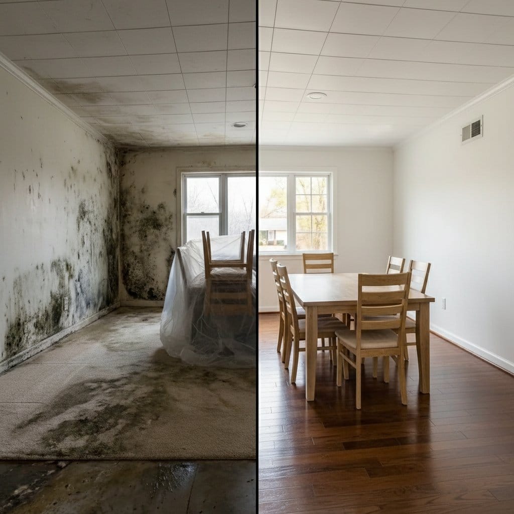 Before and after black mold removal in Glen Rock bungalow dining room