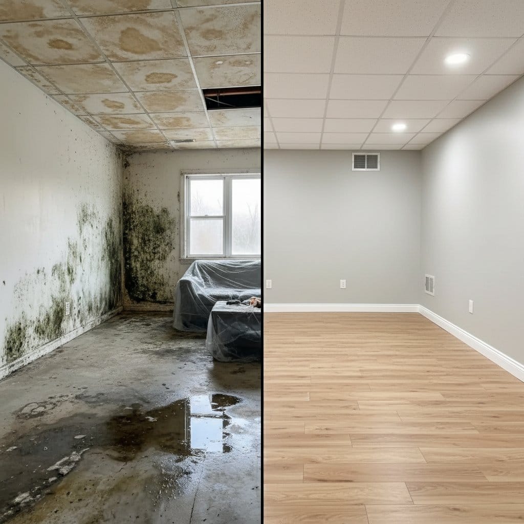 Attic & Crawl Space Mold Removal before and after in finished basement, Glen Rock NJ