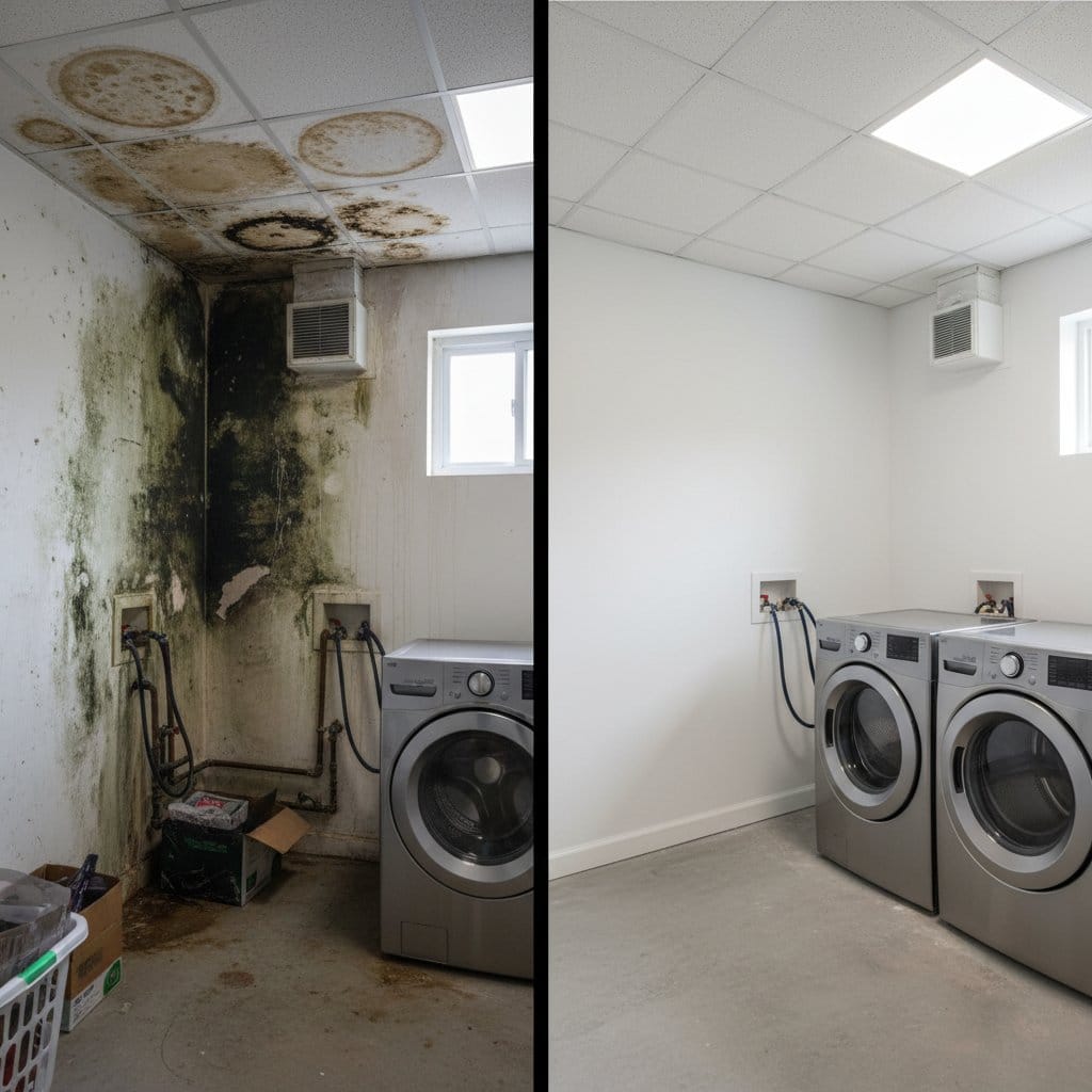 Attic & Crawl Space Mold Removal restoration โ utility room of split-level home in Glen Rock, NJ