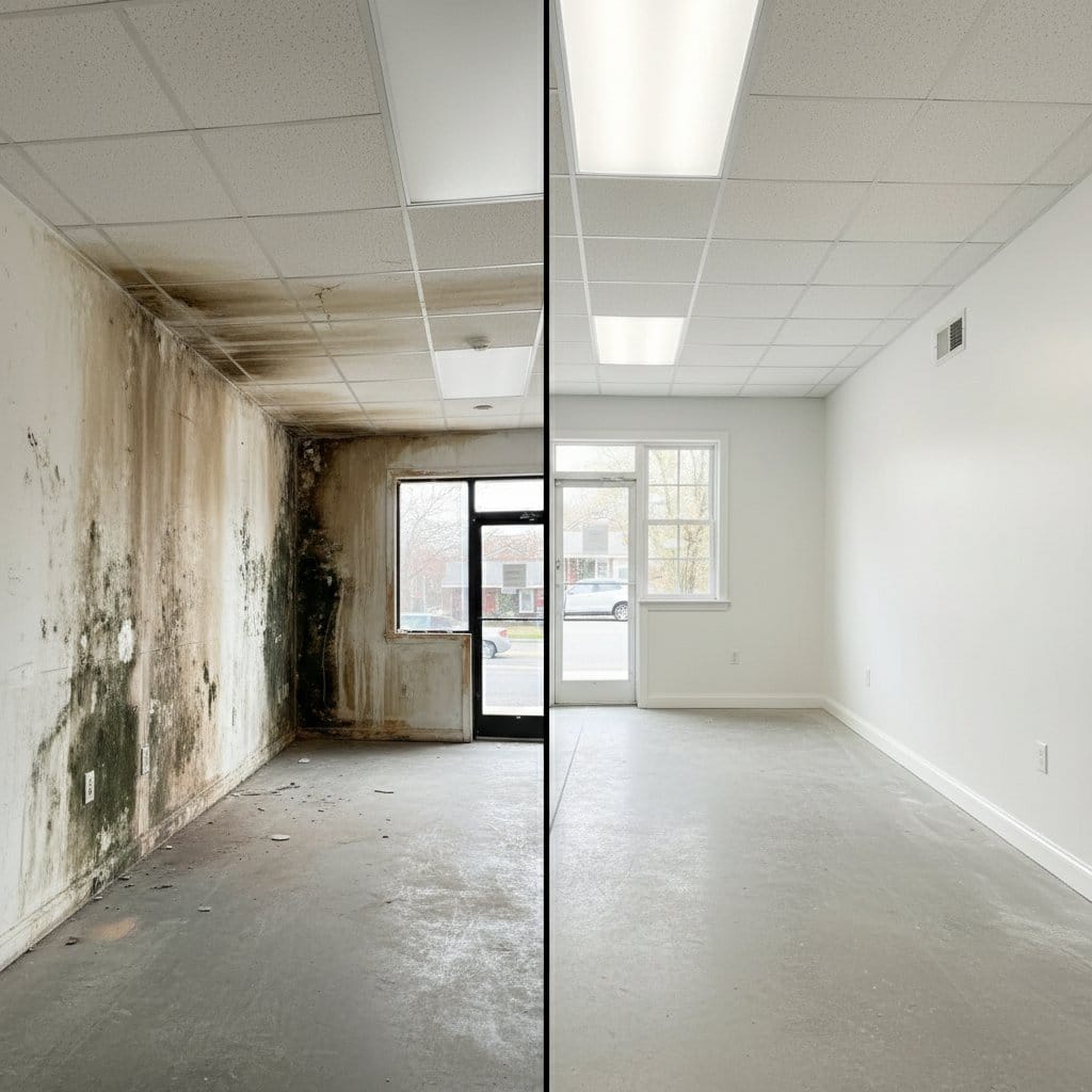 Before and after attic & crawl space mold removal in Glen Rock Cape Cod house storefront interior