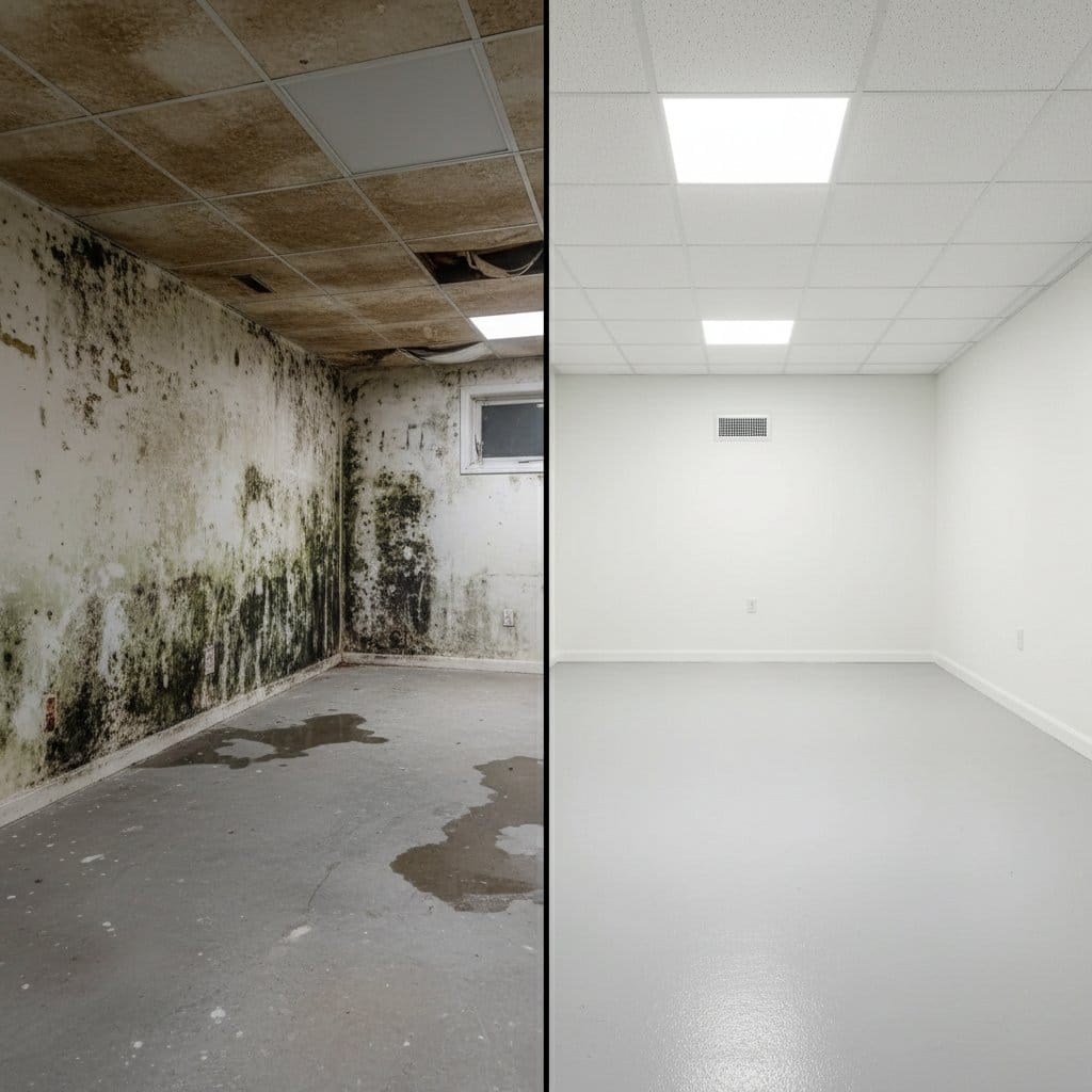 Basement & Foundation Mold Removal before and after in residential basement, Glen Rock NJ