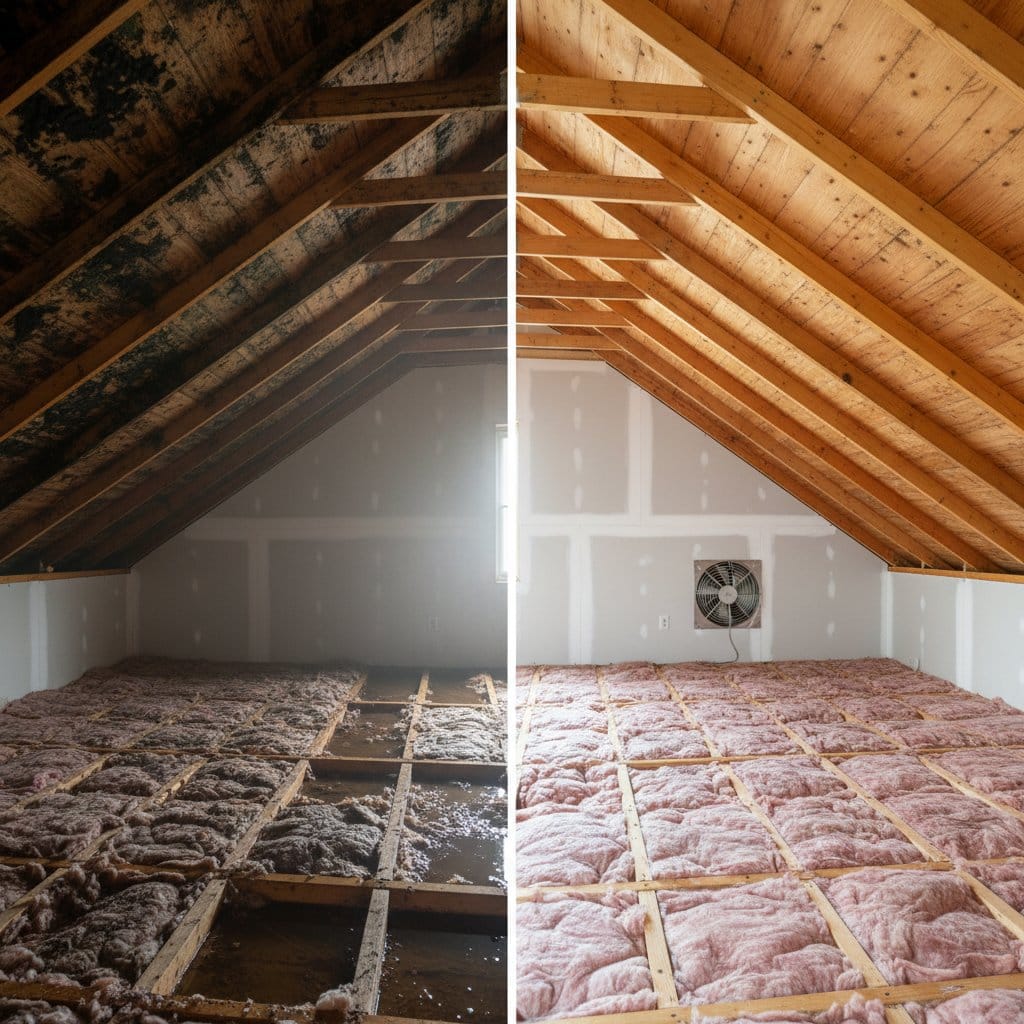 Before and after post-remediation cleaning & clearance in Glen Rock single-family home attic space