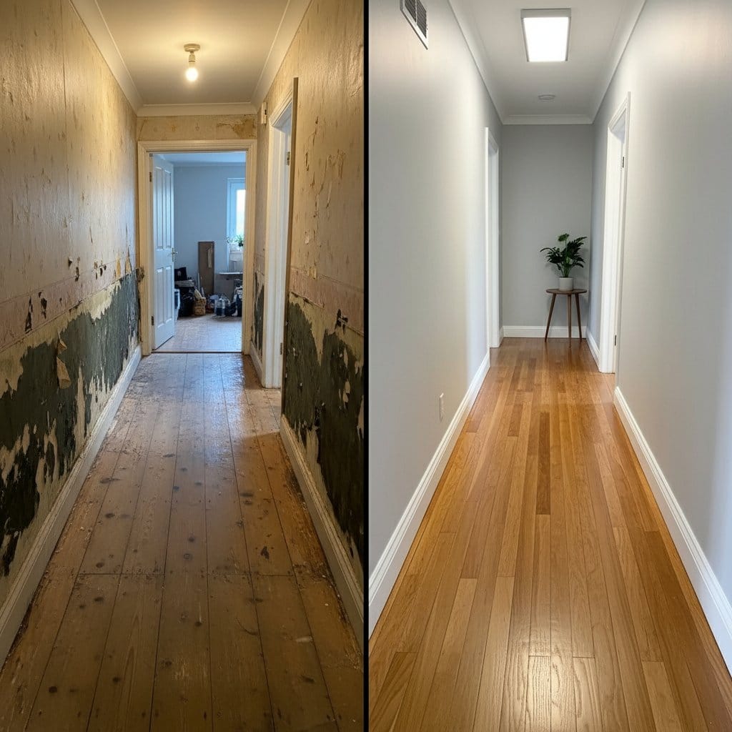 Odor Removal & Disinfection before and after in hallway, Glen Rock NJ