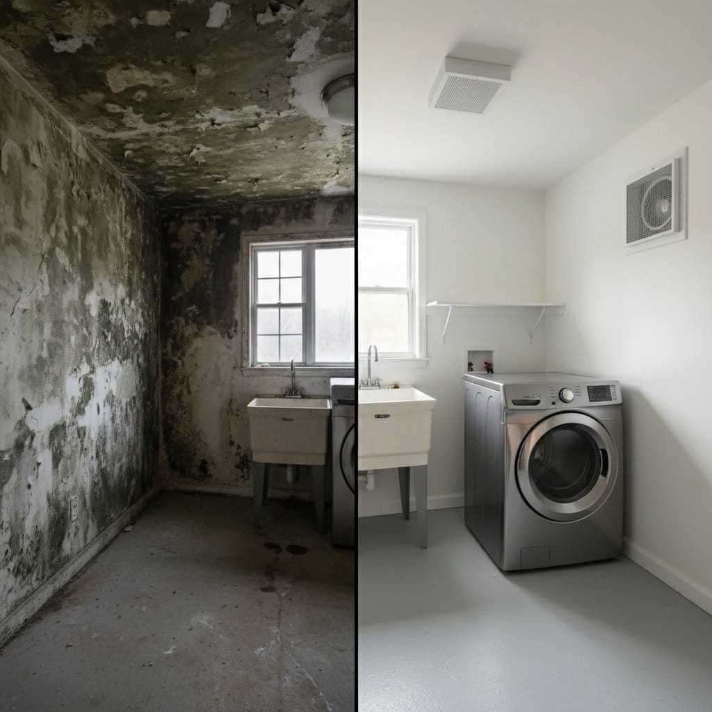 Odor Removal & Disinfection restoration — laundry room of Cape Cod house in Glen Rock, NJ