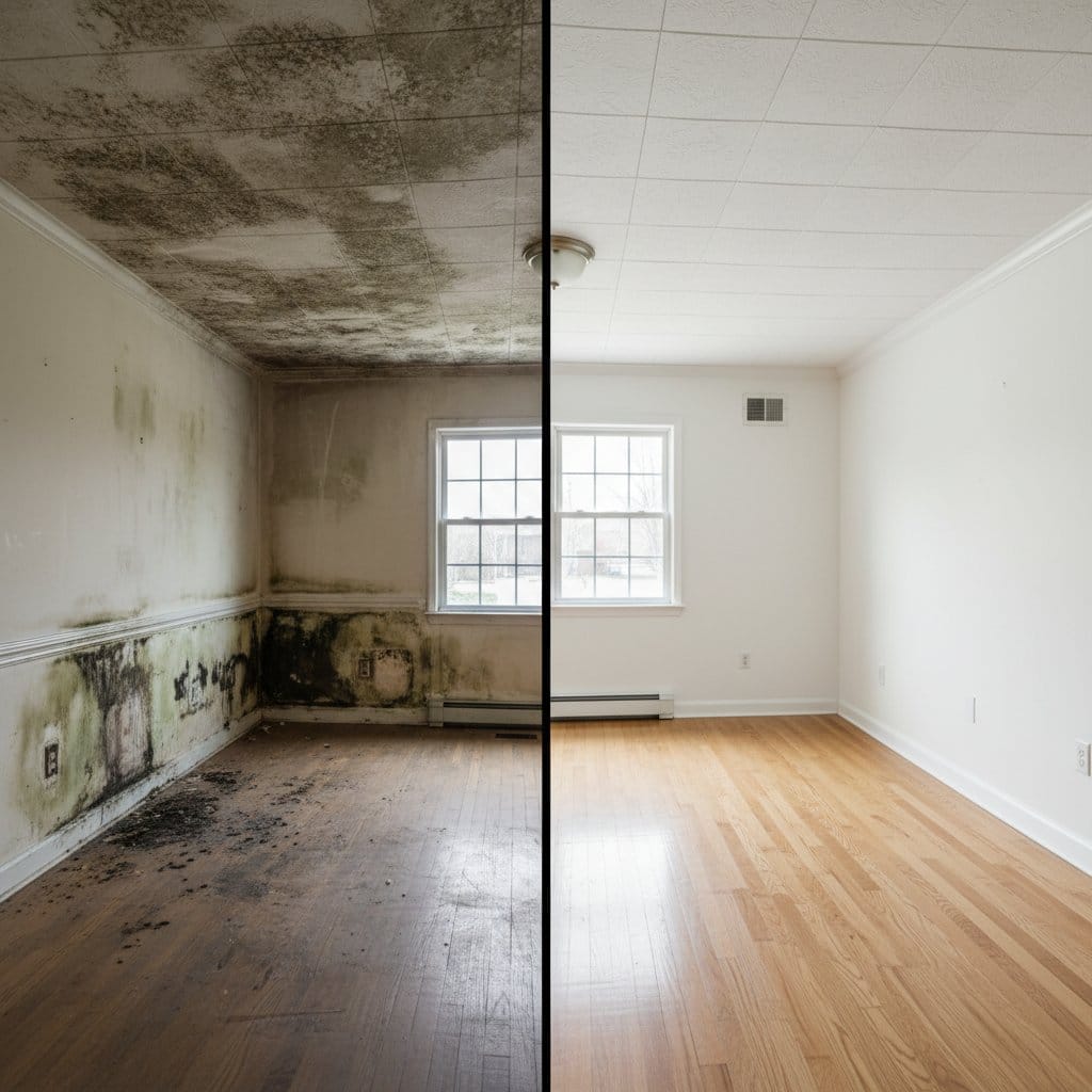 Before and after odor removal & disinfection in Glen Rock ranch-style home dining room