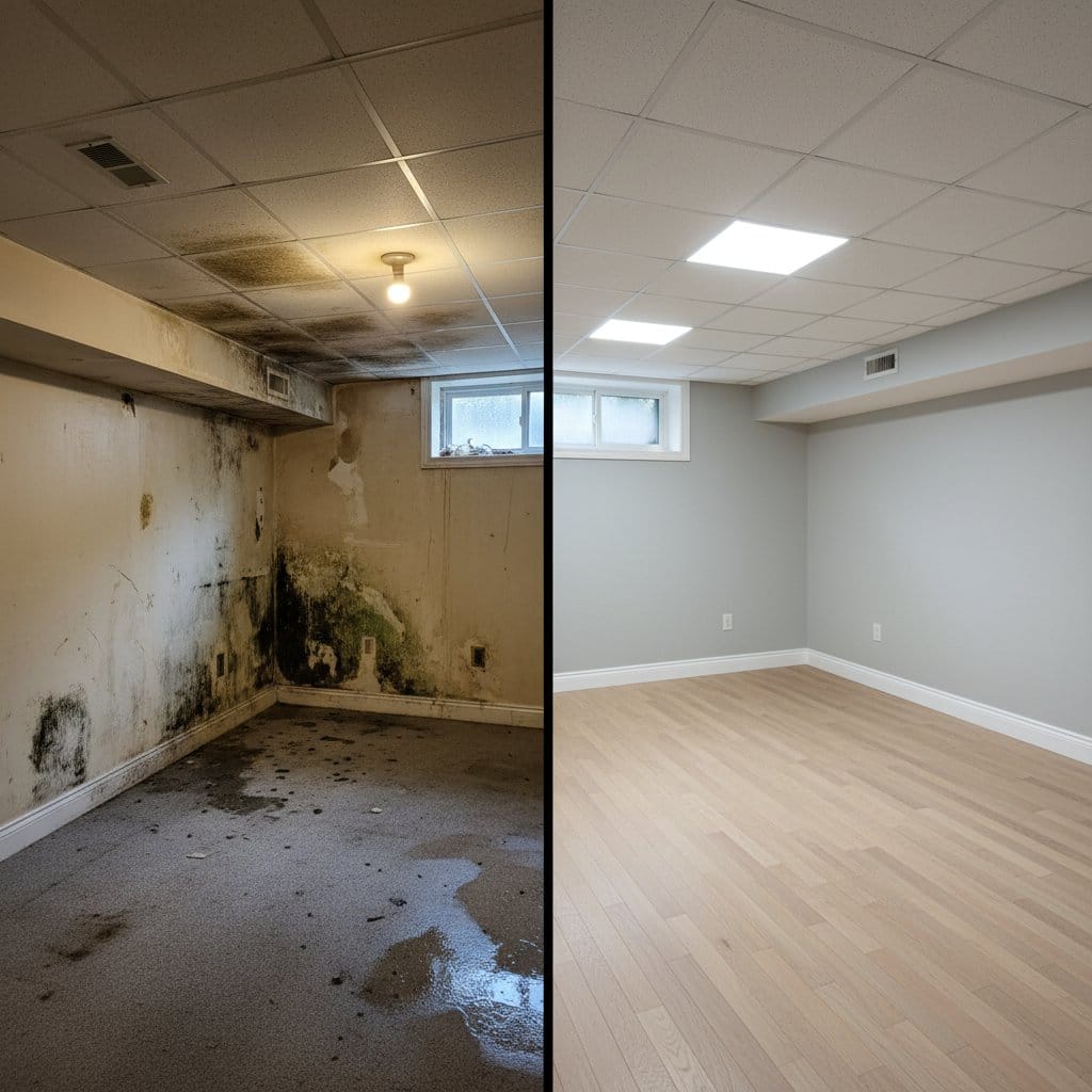 Humidity & Moisture Control Solution before and after in finished basement, Glen Rock NJ