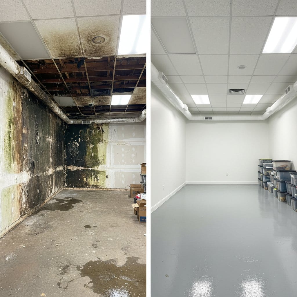 Before and after humidity & moisture control solution in Glen Rock townhouse storefront interior