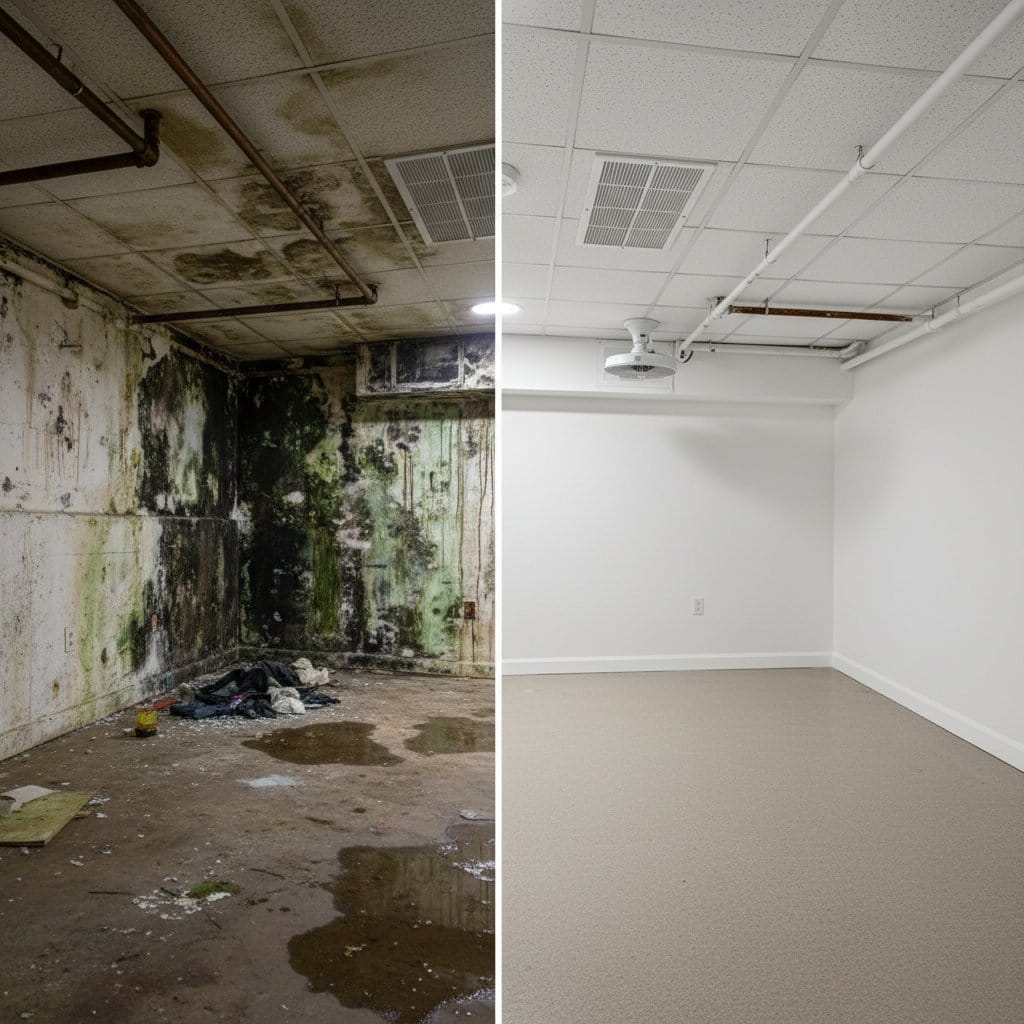 Glen Rock Mold Removal residential basement restoration before and after in Glen Rock