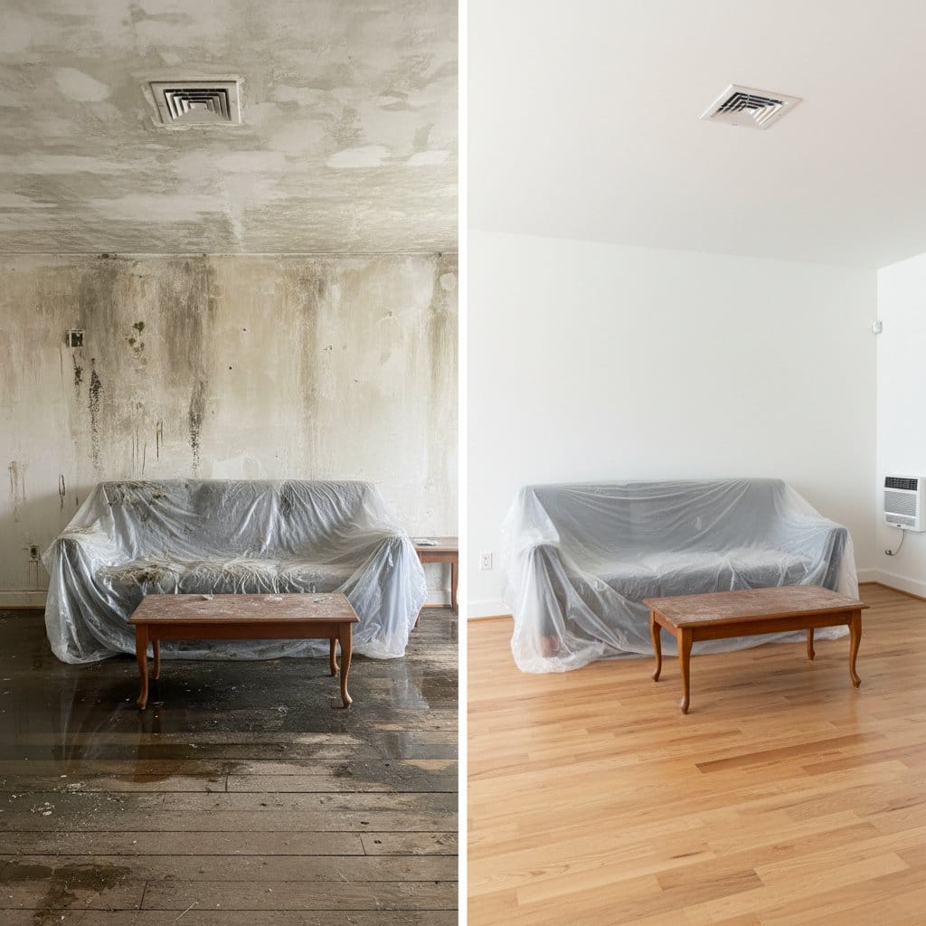 Glen Rock Mold Removal living room restoration before and after in Glen Rock